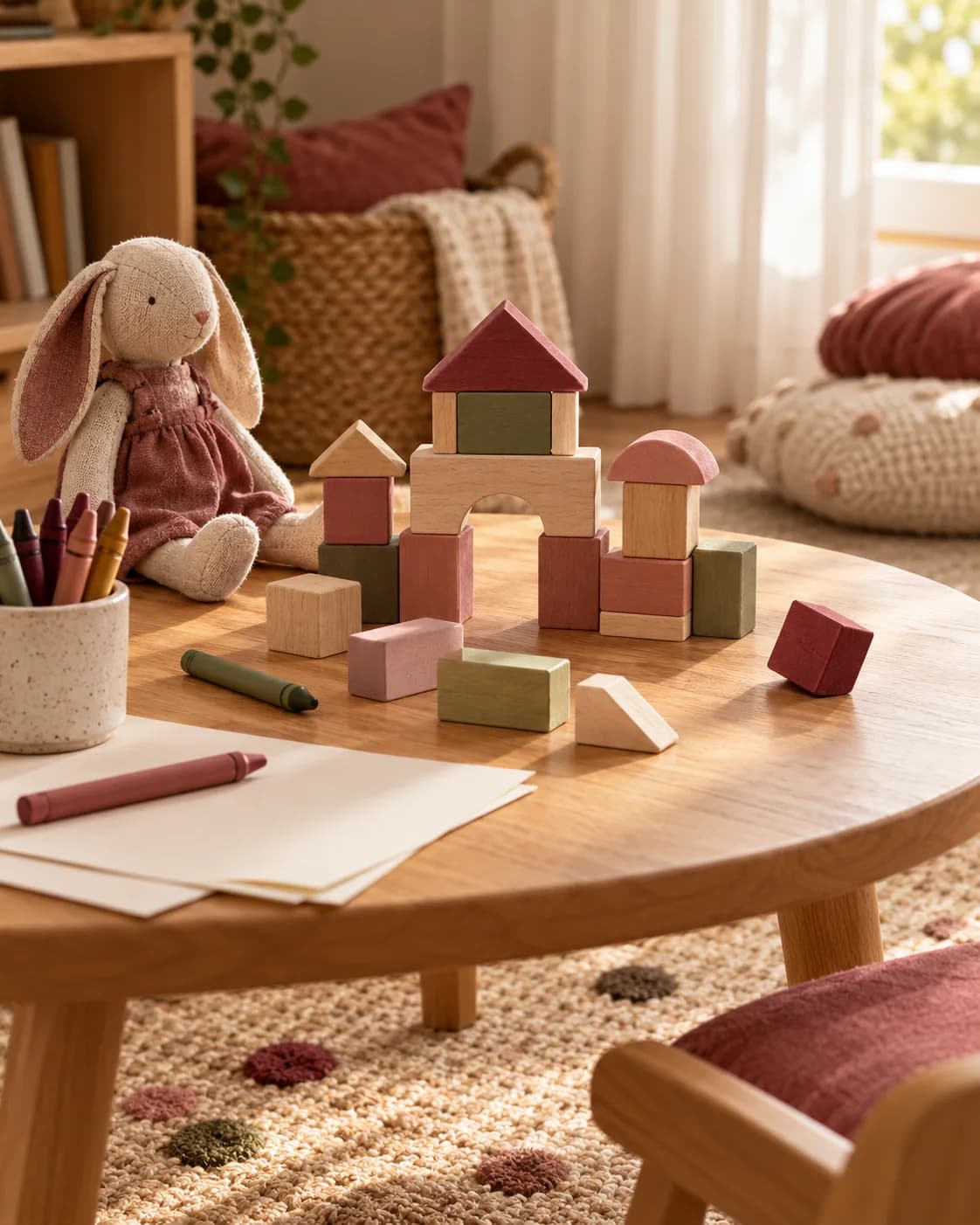 Brinquedos e blocos de madeira representando a comunicação infantil por meio do comportamento
